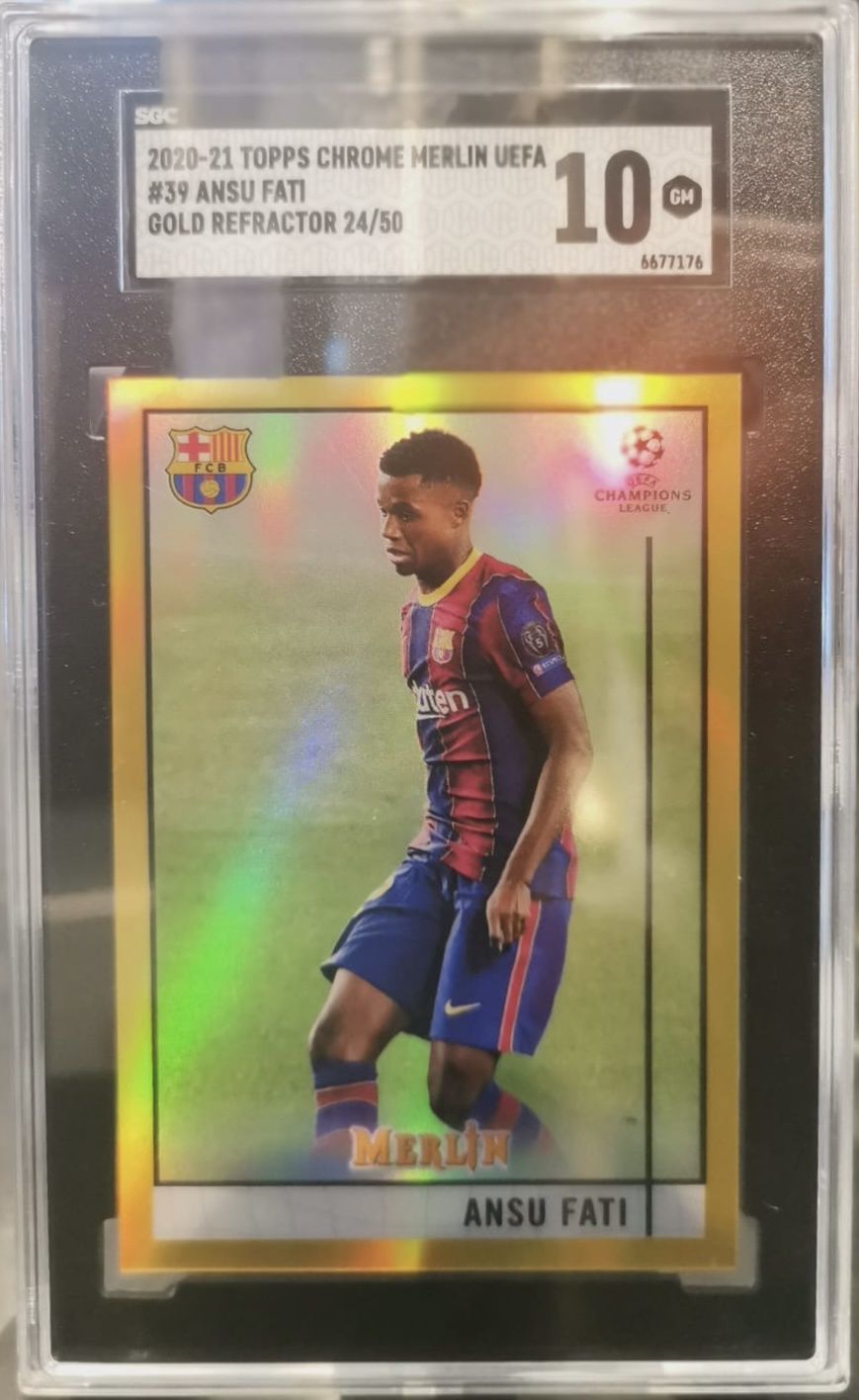 2020-2021 Topps Chrome Merlin UEFA Ansu Fati Gold Refractor 25/50 SGC 10