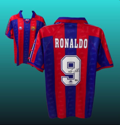 Ronaldo Nazario Signed Barcelona Home Soccer Jersey #9