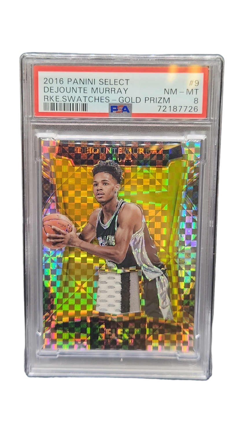 2016 Panini Select Dejounte Murray RKE. Swatches Gold Prizm 9/10 Patch PSA 8