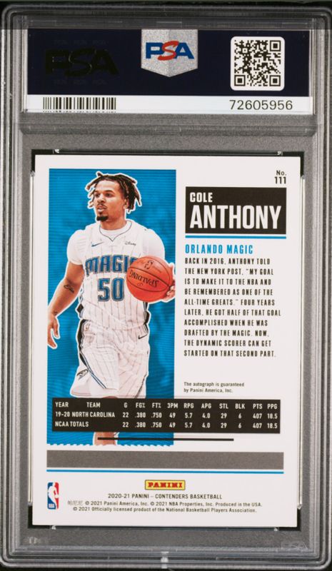 2020 Contenders Cole Anthony Auto RC #111 PSA 10