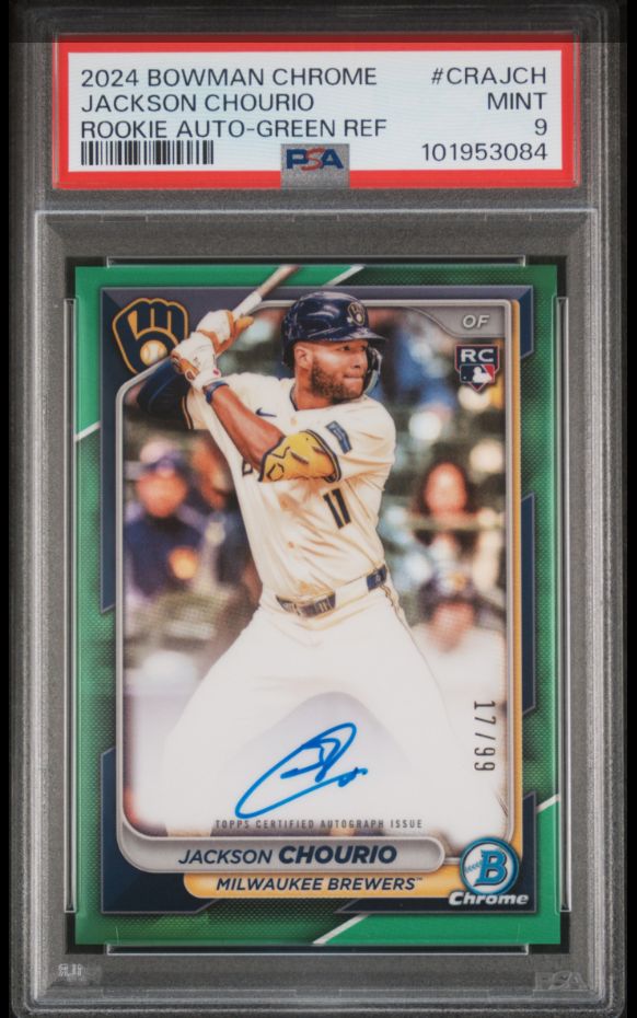 2024 Bowman Chrome Jackson Chourio Rookie Auto Green Ref #CRAJCH PSA 9