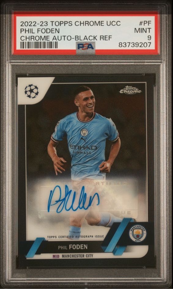 2022-23 Topps Chrome UCC Phil Foden Chrome Auto- Black Ref #PF PSA 9