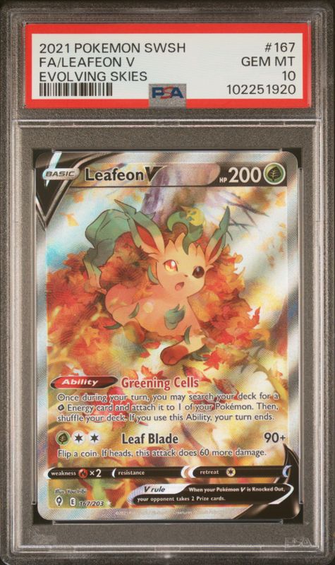 2021 Pokemon SWSH FA/Leafon V Evolving Skies #167 PSA 10