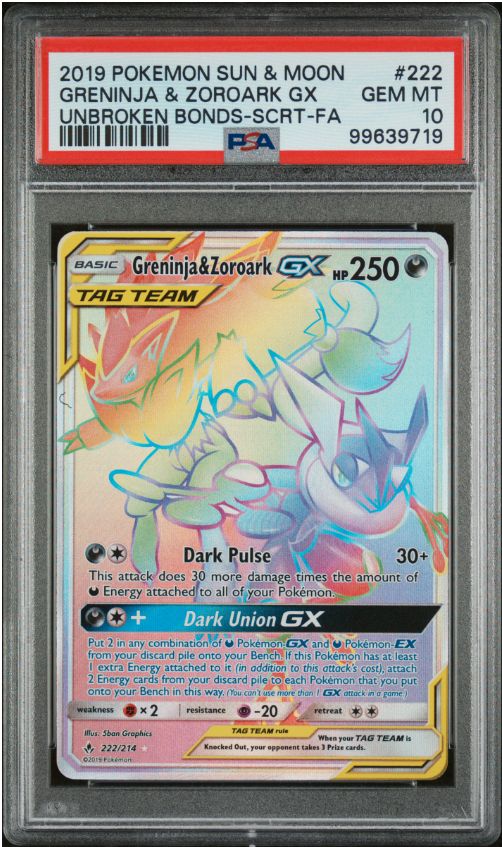 2019 Pokemon Sun &amp; Moon Greninja &amp; Zoroark GX Unbroken Bonds-Scrt-FA #222 PSA 10