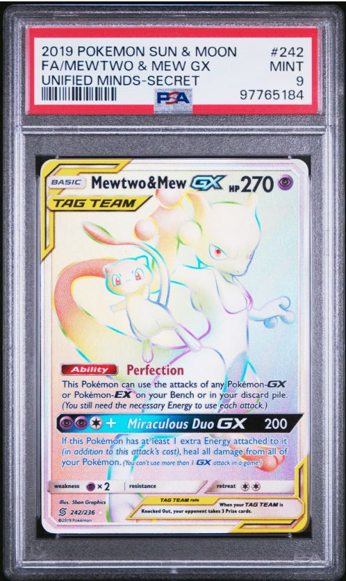 2019 Pokemon Sun &amp; Moon FA/ Mewtwo GX Unified Minds-Secret #242 PSA 9