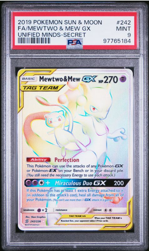 2019 Pokemon Sun &amp; Moon FA/ Mewtwo GX Unified Minds-Secret #242 PSA 9