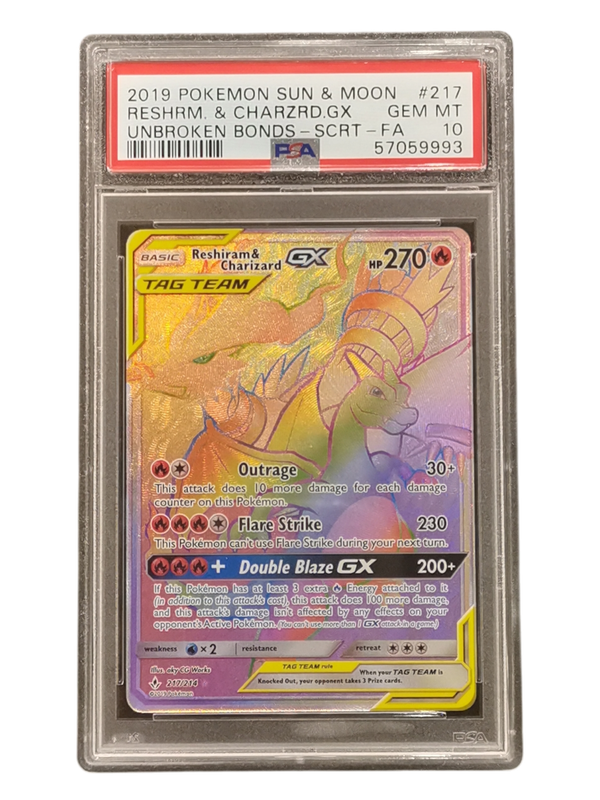 2019 Pokemon Sun &amp; Moon Reshrm &amp; Charizard GX Unbroken Bonds - Scrt-FA #217 PSA 10