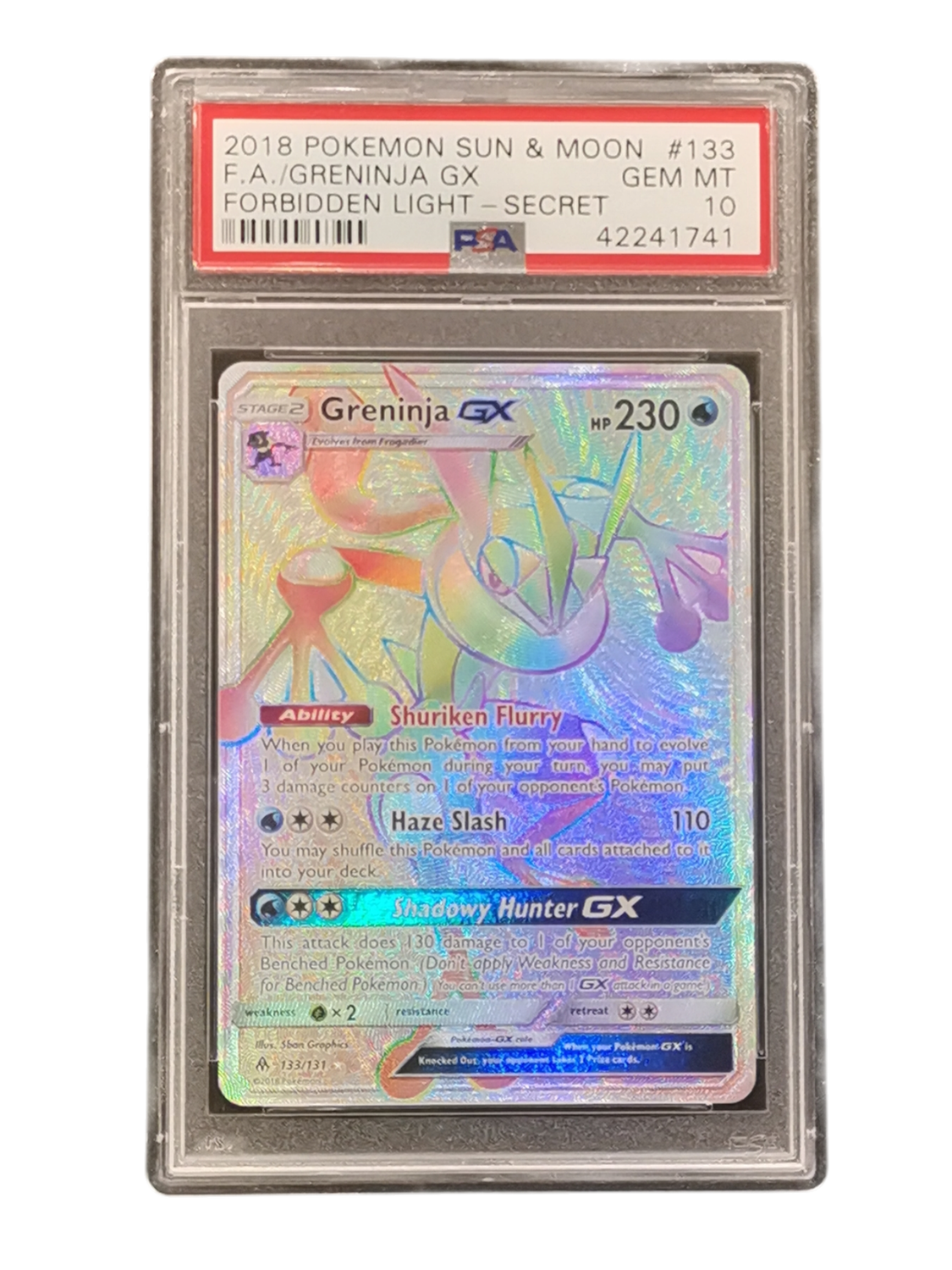 2018 Pokemon Sun &amp; Moon F.A./Greninja GX Forbidden Light - Secret #133 PSA 10
