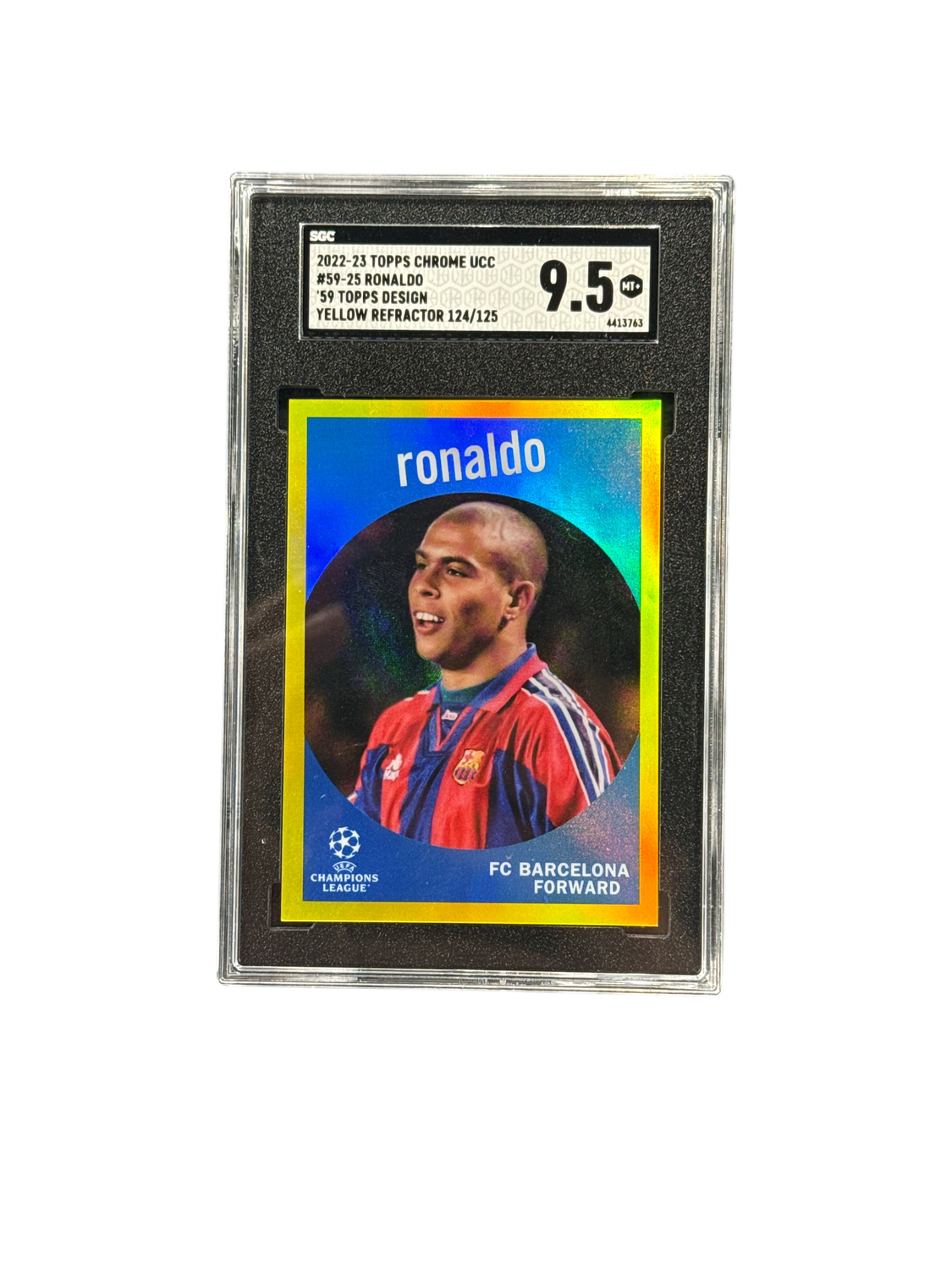 2022-23 Topps Chrome UCC #59-25 Ronaldo &#39;59 Topps Design Yellow Refractor 124/125 Mint 9.5
