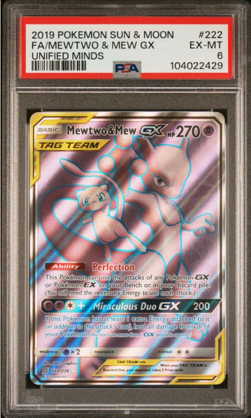 2019 Pokemon S&amp;M Unified Minds #222 FA/Mewtwo &amp; Mew Gx PSA 6