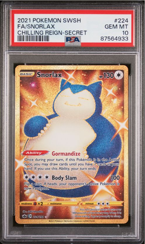 2021 Pokemon SWSH FA/Snorlax Chilling Reign-Secret #224 PSA 10