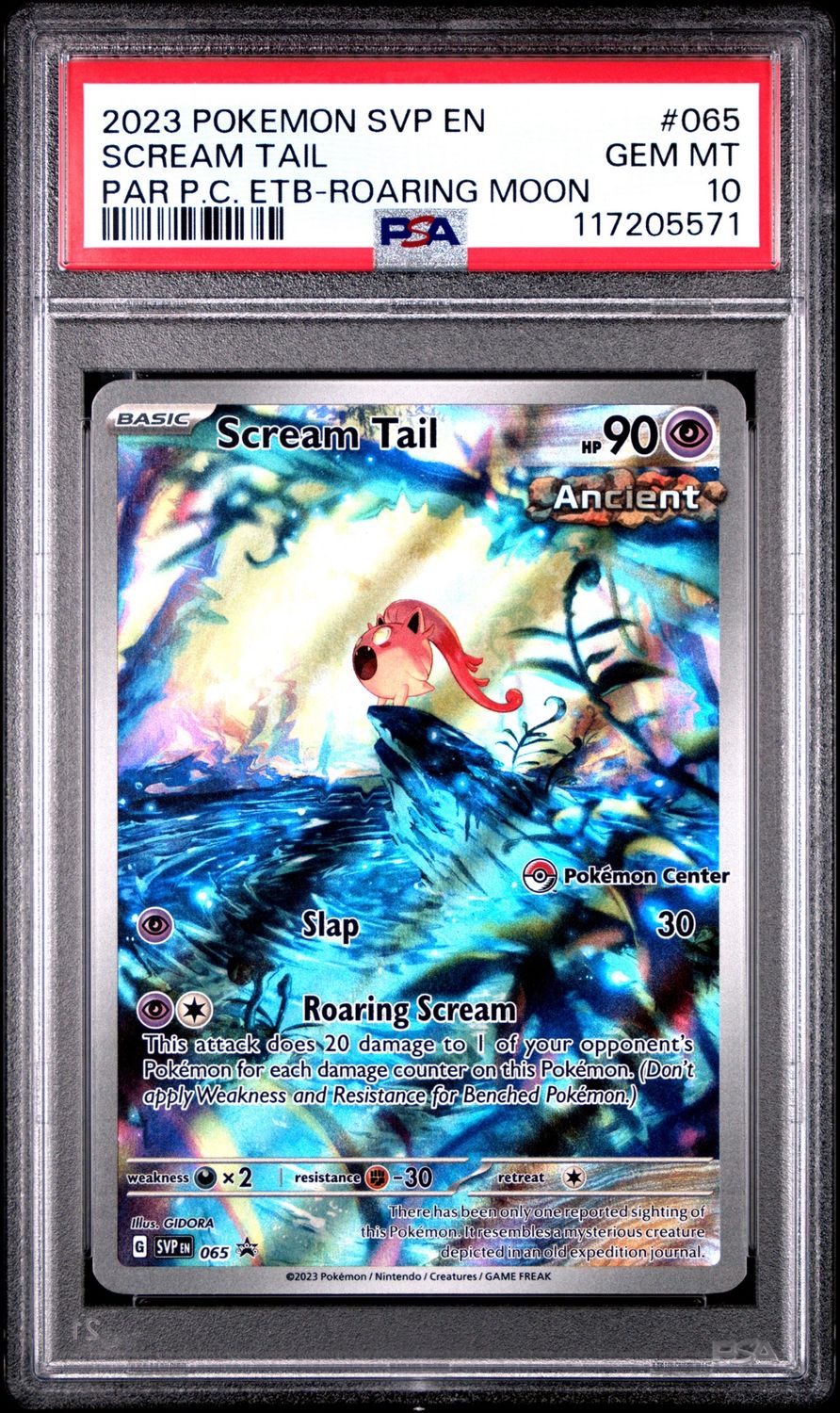 2023 Pokemon SVP En Scream Tail Par P.C. ETB- Roaring Moon #065 PSA 10