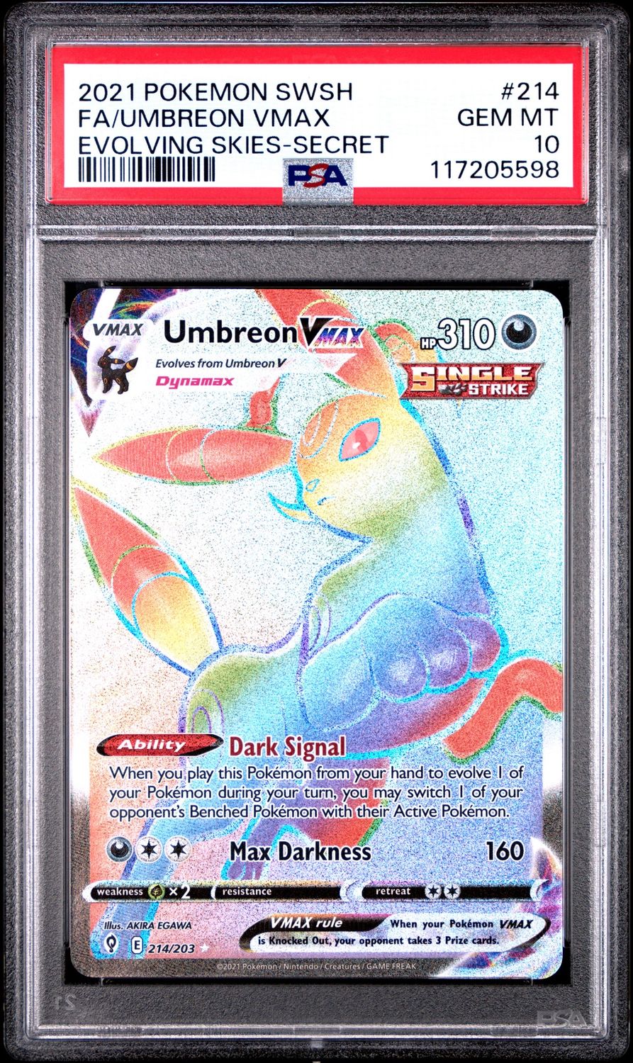 2021 Pokemon SWSH Fa/Umbreon Vmax Evolving Skies-Secret #214 PSA 10