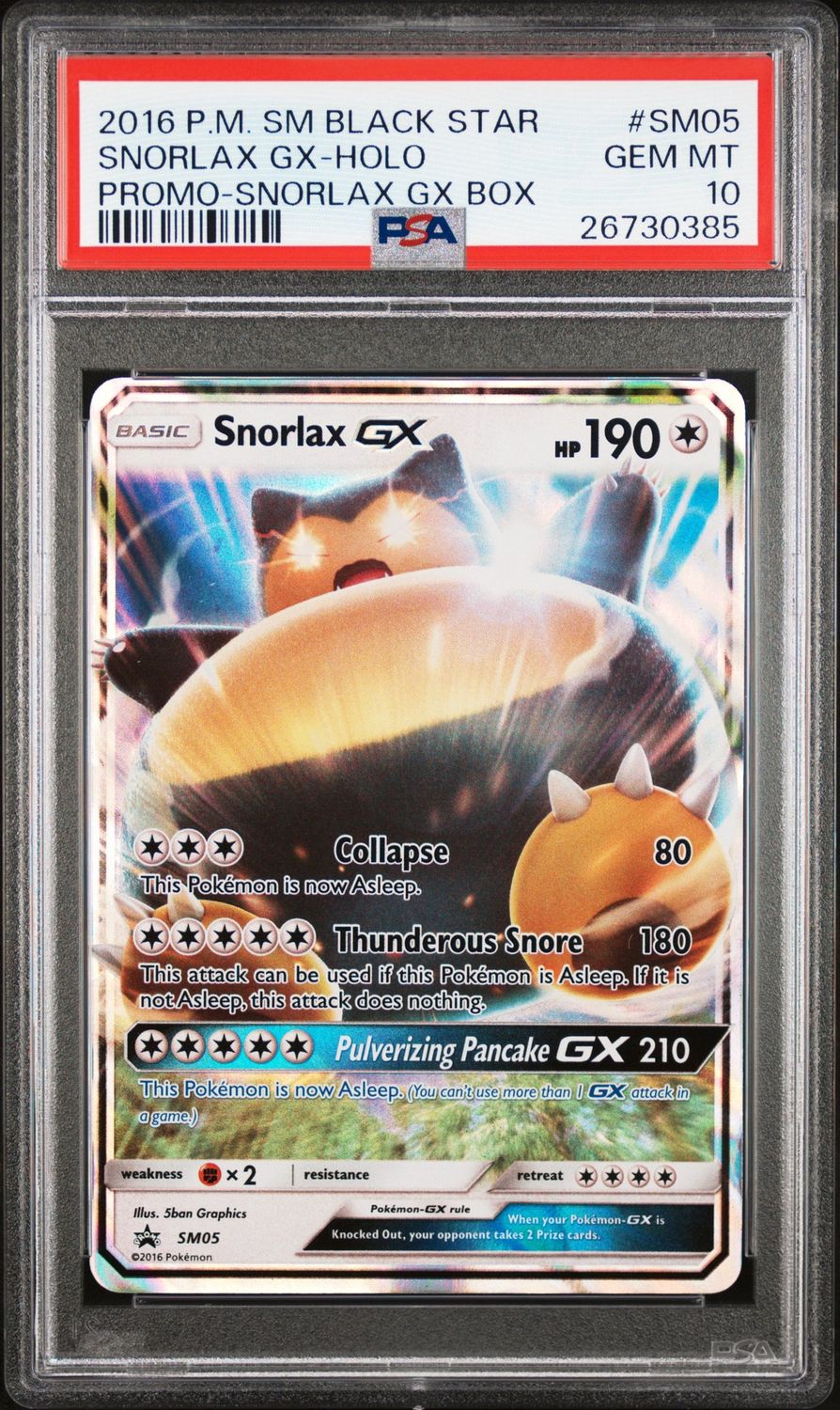2016 P.M. SM Black Star Snorlax GX-Holo Promo-Snorlax GX Box #SM05 PSA 10