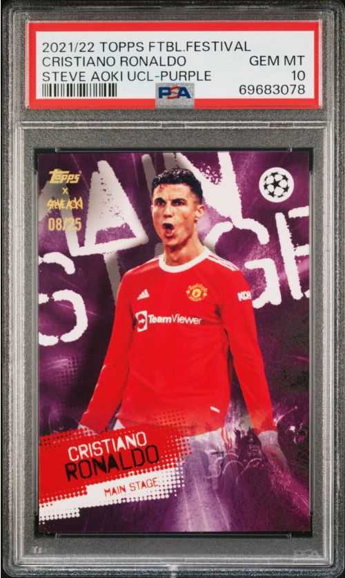 2021-22 Topps Ftbl.Festival Cristiano Ronaldo Steve Aoki UCL-Purple PSA 10