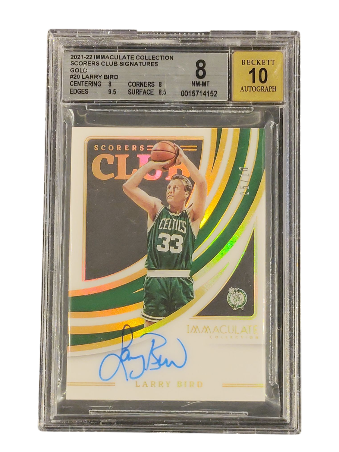 2021-22 Immaculate Coll. Scorers Club Signatures Gold #20 Larry Bird Auto 10