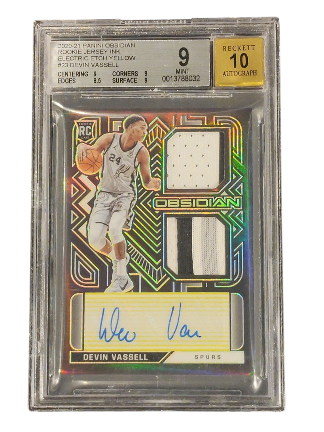 2020-21 Panini Obsidian Rookie Jersey Ink Electric Etch Yellow #23 Devin Vassell Auto 10