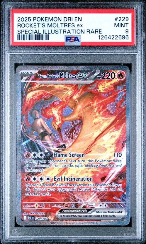 2025 Pokemon Dri En Rocket&#39;s Moltres ex Special Illustration Rare #229 PSA 9