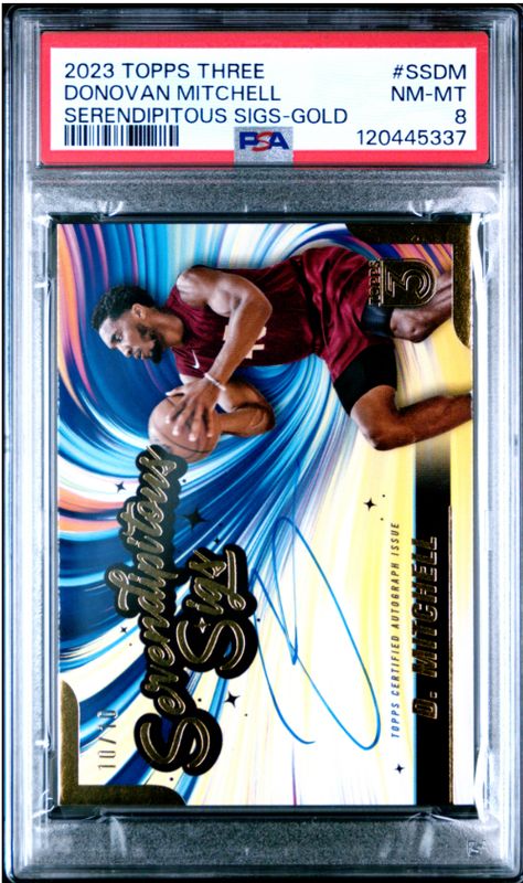 2023 Topps Three Donovan Mitchell Serendipitous Sigs-Gold #SSDM PSA 8