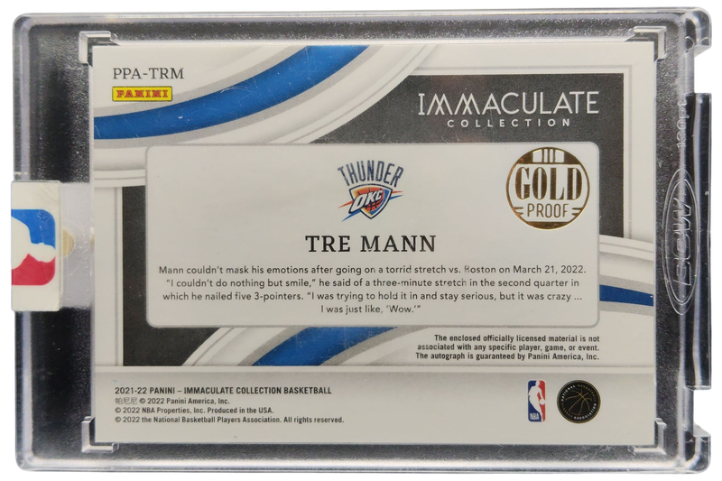 2021-22 Panini Immaculate Collection Tre Mann Patch and Auto One of One #PPA-TRM