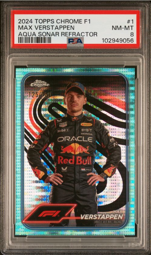 2024 Topps Chrome F1 Max Verstappen Aqua Sonar Refractor #1 PSA 8
