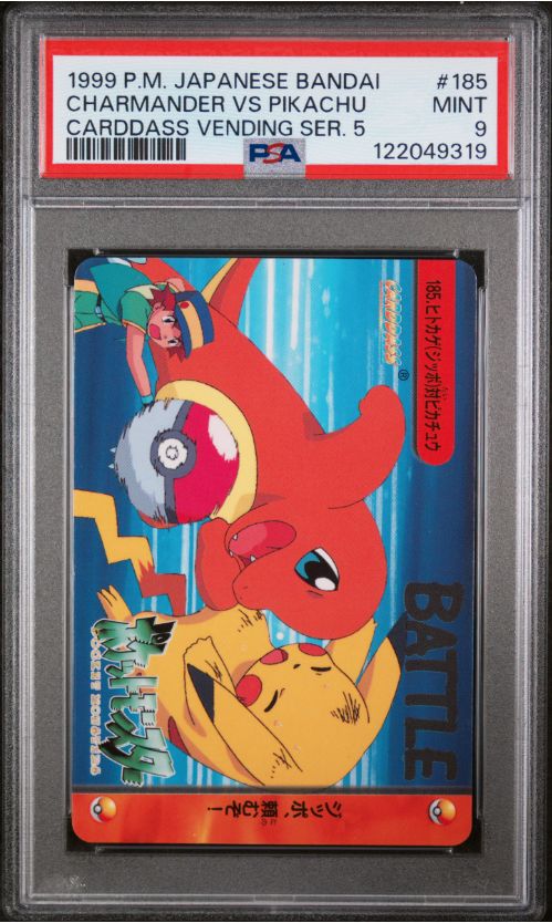 1999 P.M. Japanese Bandai Charmander VS Pikachu Carddass Vending Ser. 5 #185 PSA 9