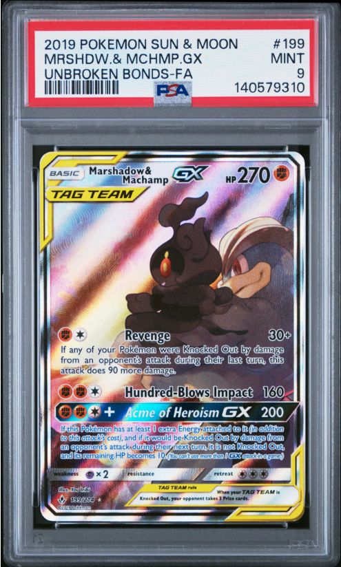 2019 Pokemon Sun &amp; Moon Marshadow &amp; Machamp GX Unbroken Bonds -FA #199 PSA 9