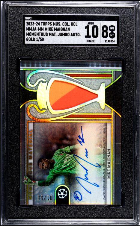 2023-24 Topps Mus.Col.UCL MMJA-MM Mike Maignan Momentous Mat.Jumbo Auto Gold 1/50 SGC 8 Auto 10