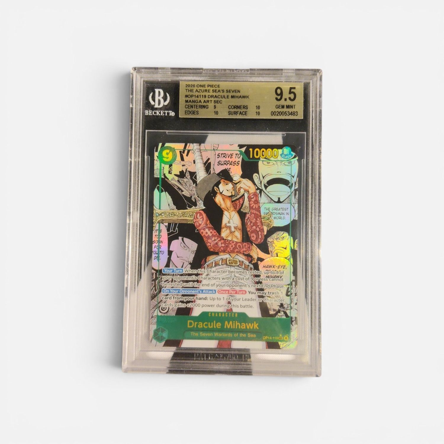 2026 One Piece The Azure Sea's Seven #OP14119 Dracule Mihawk Manga Art Sec BGS 9.5