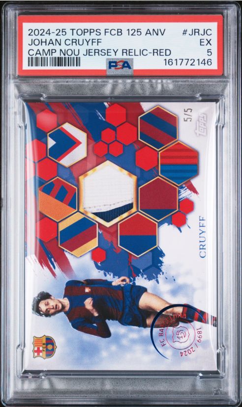 2024-25 Topps FCB 125 Anv Johan Cruyff Camp Nou Jersey Relic - Red # JRJC PSA 5
