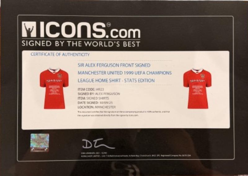 Sir Alex Ferguson Front Signed Manchester United 1999 UEFA Champions League Home Shirt - Stats Edition