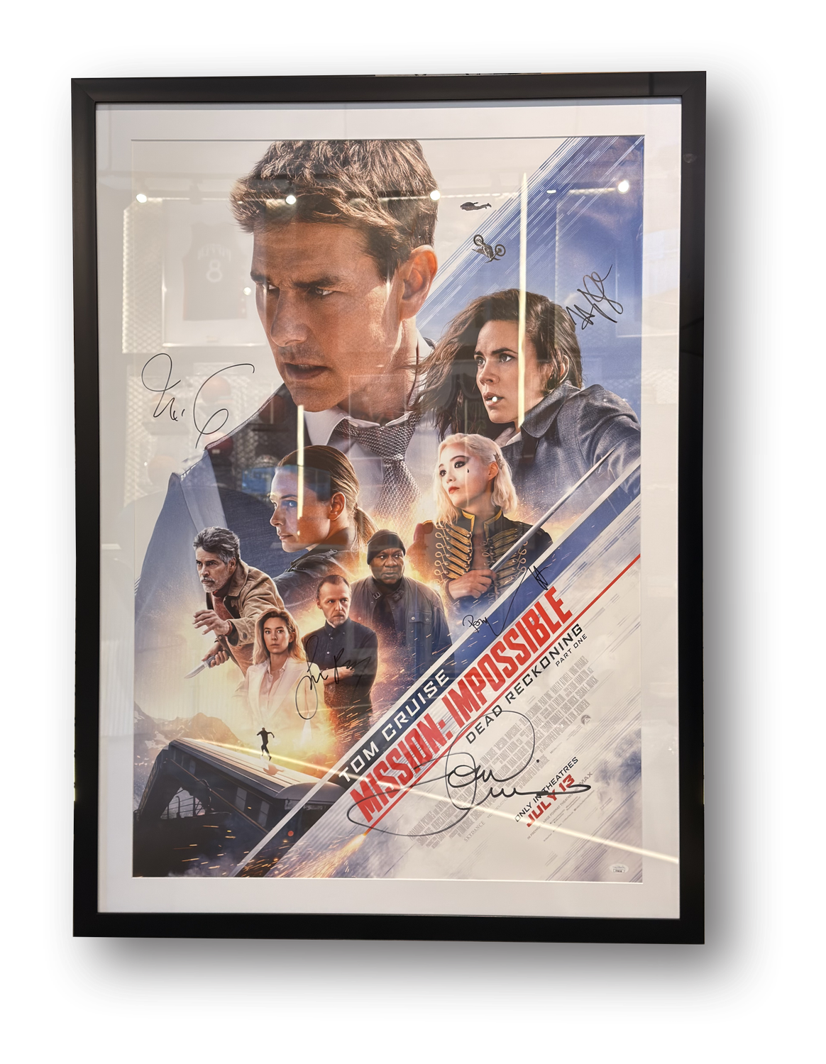 Mission: Impossible - Dead Reckoning Part One Cast Signed T.Cruise/H.Atwell/S.Pegg/P.Klementieff/C.McQuarrie Poster in Frame