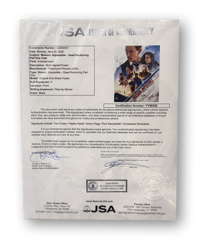 Mission: Impossible - Dead Reckoning Part One Cast Signed T.Cruise/H.Atwell/S.Pegg/P.Klementieff/C.McQuarrie Poster in Frame