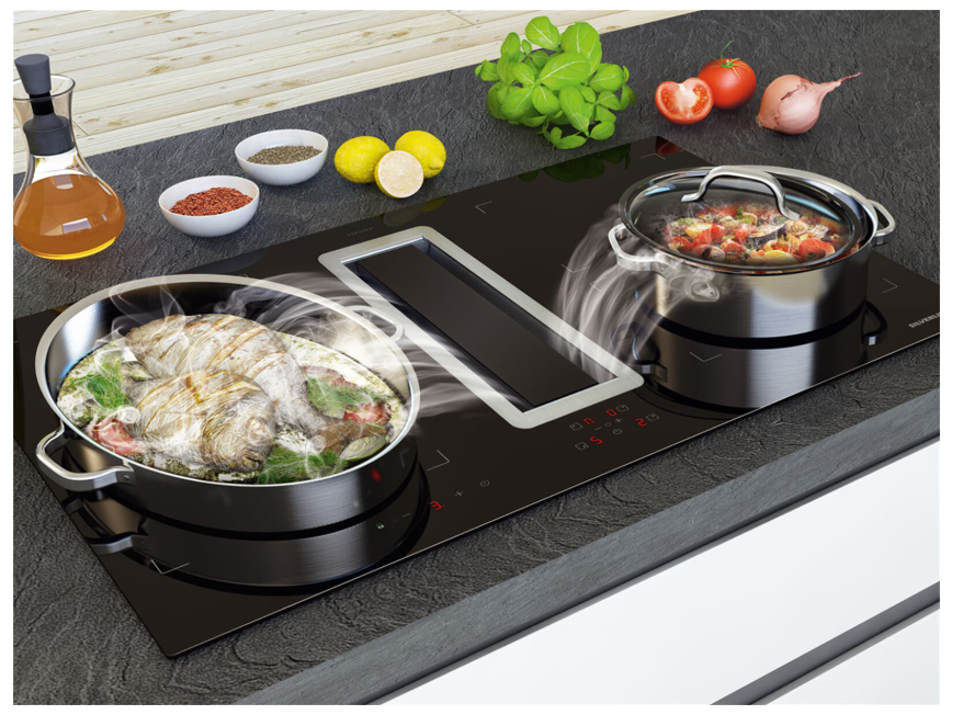 Silverline FLOW-IN Intern Premium FLIK854ESK Kochfeldabzug Induktion Edelstahl/Schwarzglas Breite: 80 cm TouchControl-Bedienung Abluft- oder Umluftbetrieb Inkl. Sockelmotor