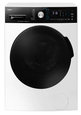 Amica WA 484 091 Waschmaschine Weiß/Schwarz Frontlader Fassungsvermögen (kg): 8 / Schleuderdrehzahl (U/min): 1400 Add+ System: Vergessene Wäsche jederzeit nachlegen UV-Licht: Hygienetechnologie tötet