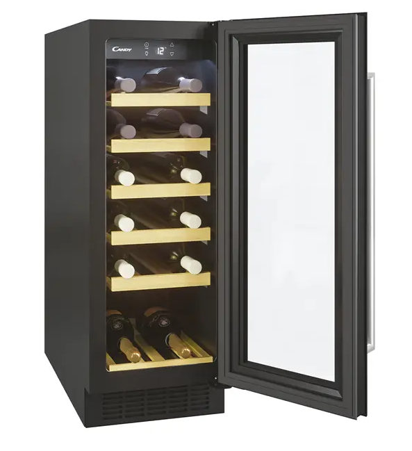 Candy CCVB 30/1 Unterbau Weinklimaschrank Schwarz Glastür mit UV-Schutz Temperaturzonen: 1 / Temperaturbereich: 5° - 18° C Max. Flaschenanzahl: 20 Maße (H x B x T): 813 x 295 x 606 mm