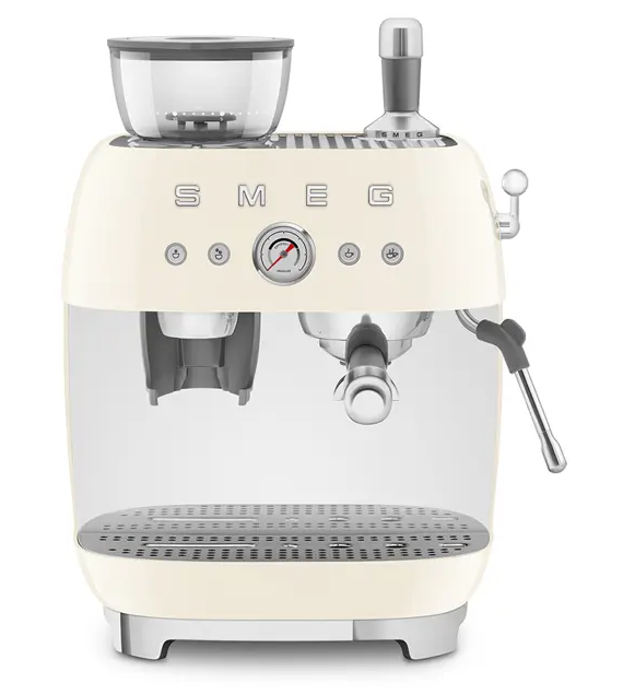 Smeg EGF03CREU Espressomaschine Creme Farbe: Creme Stil der 50er Jahre 2-Tassen-Funktion 2 Siebträgereinsätze: Espresso einfach, doppelt Doppelter Thermoblock