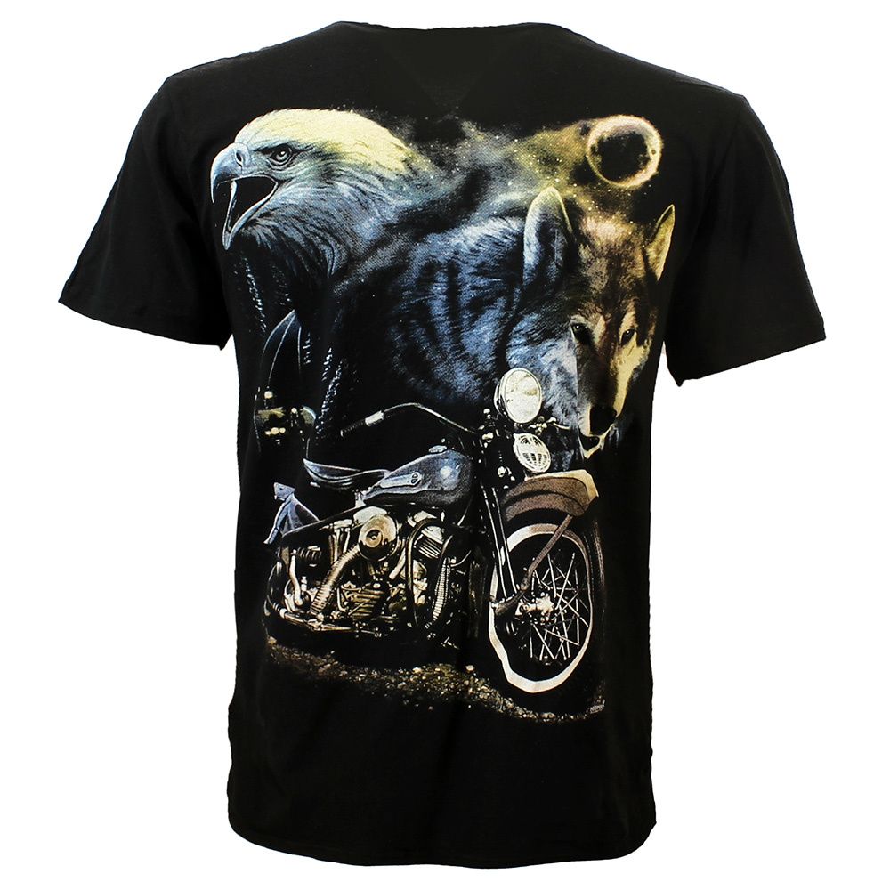 Wolf Eagle and Motorcycle in the Night T-Shirt Black