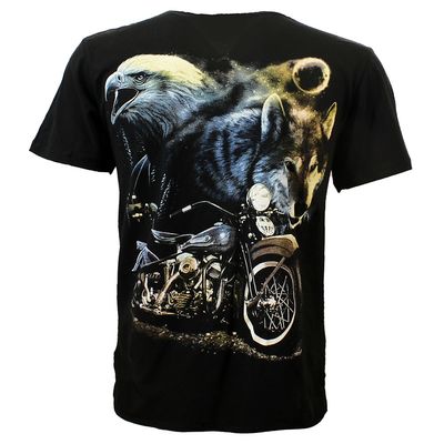 Wolf Eagle and Motorcycle in the Night T-Shirt Black