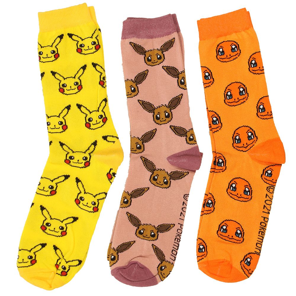 Pokemon Charmander Eevee Pikachu Socks 3 Pack
