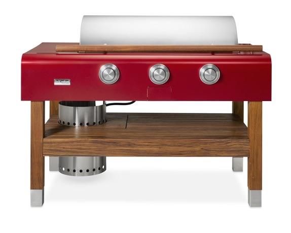 60&quot; Freestanding Rockwell Social Grill, Red w/ Hardwood Cherry Grill Stand, Powdercoated over aircraft-grade aluminum, Three 20,000 BTU Patent pending Crossflame™ burners with radiant technology, Reli