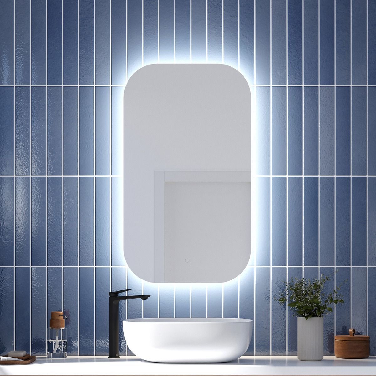 ECLIPSE Rect. Rounded Corners                        Backlit LED Illuminated Rectangular Rounded Corners Shape Mirror with Touch-Switch for Color Temperature Control 22 x 38 x 1¾