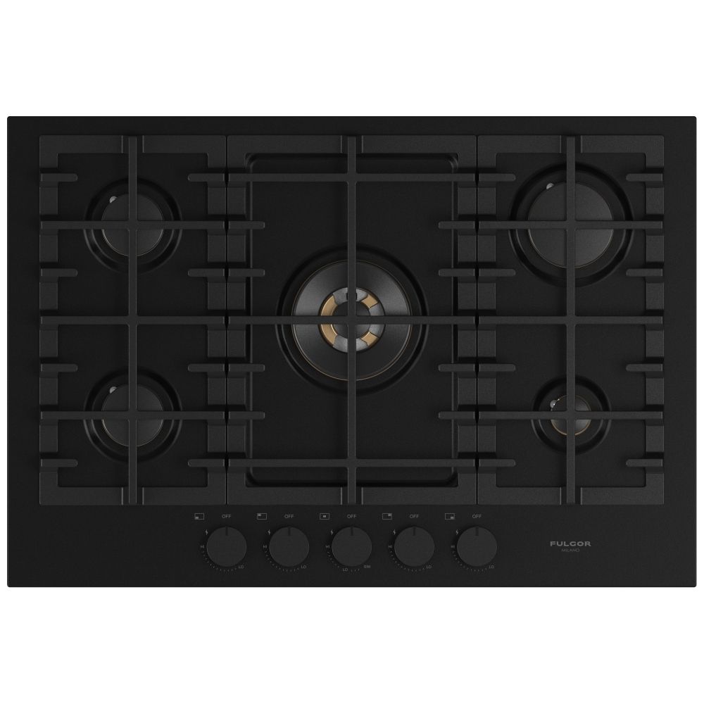 30&#39;&#39; Gas cooktop 5 brass brns and central dual ring wok, black matte porcelain finish