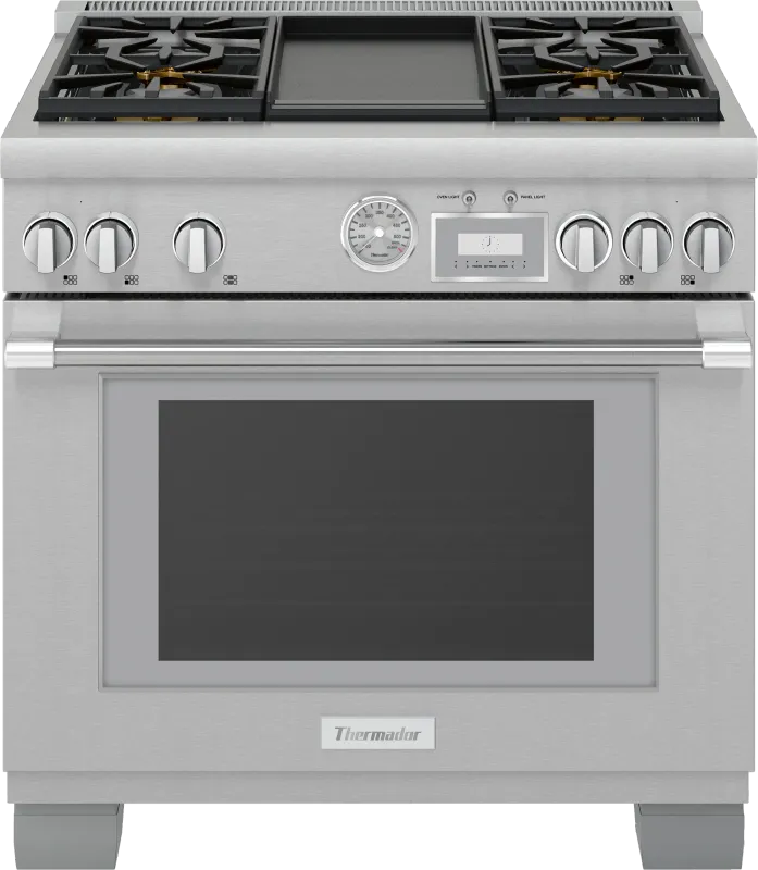 Thermador PRD364WDGC Dual Fuel Range, 5.7 cu. ft. Capacity, 36 inch Exterior Width, True Convection, Self Clean, Stainless Steel colour True European Convection; Griddle; Telescopic Gliding Extension