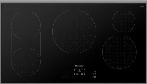 36", Masterpiece, New Glass design ,Stainless Steel Frame Electric Cooktop, 5 elements incl. one double, one double bridge and one triple, Cooksmart™,touch controls w/blue illumination