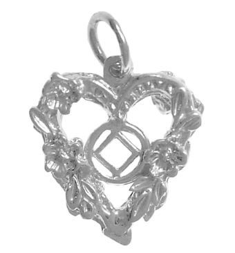 Sterling Silver NA Symbol in the Center of Open 2 Sided Heart with Flowers Pendant