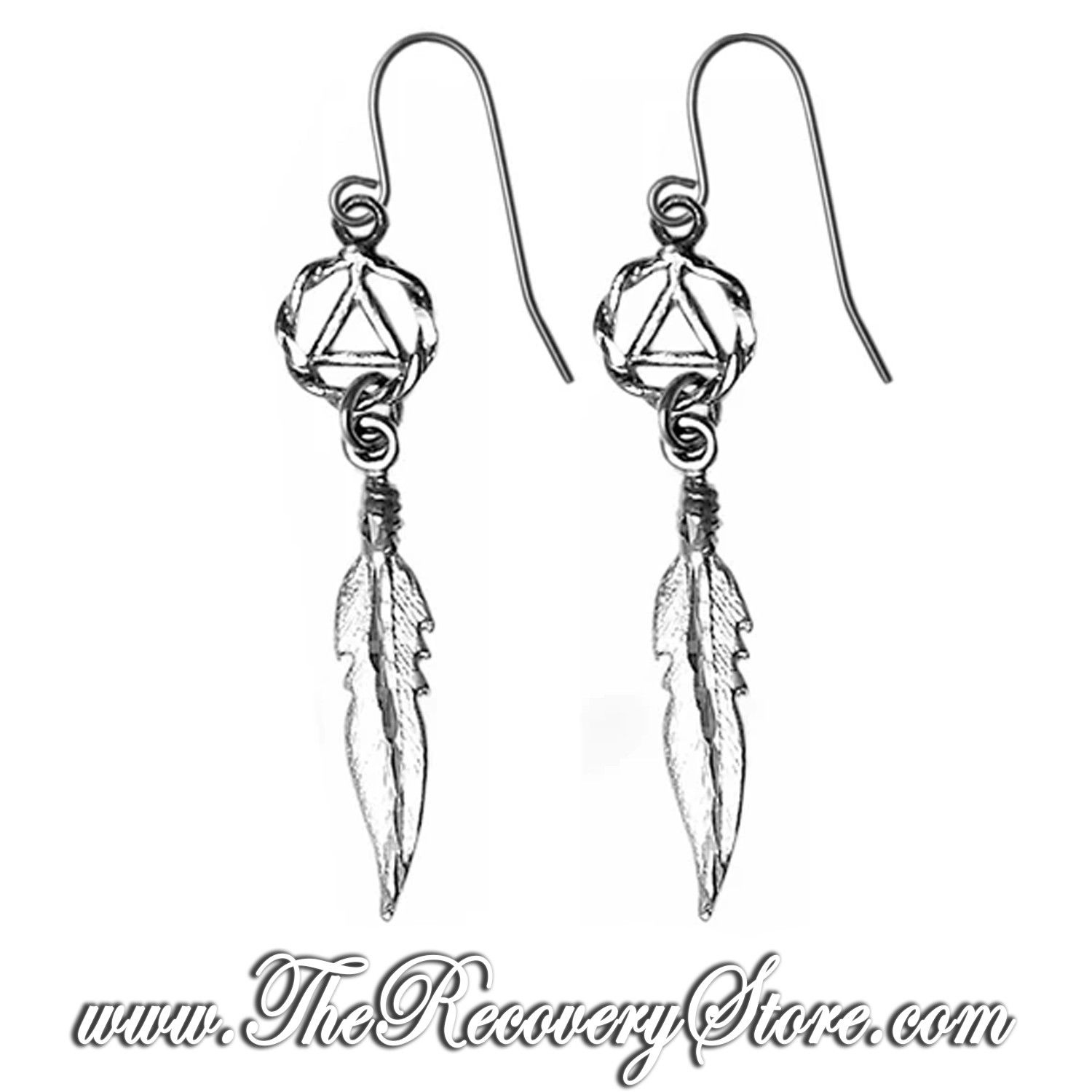 Sterling Silver Earrings - AA Symbol with Small Feather