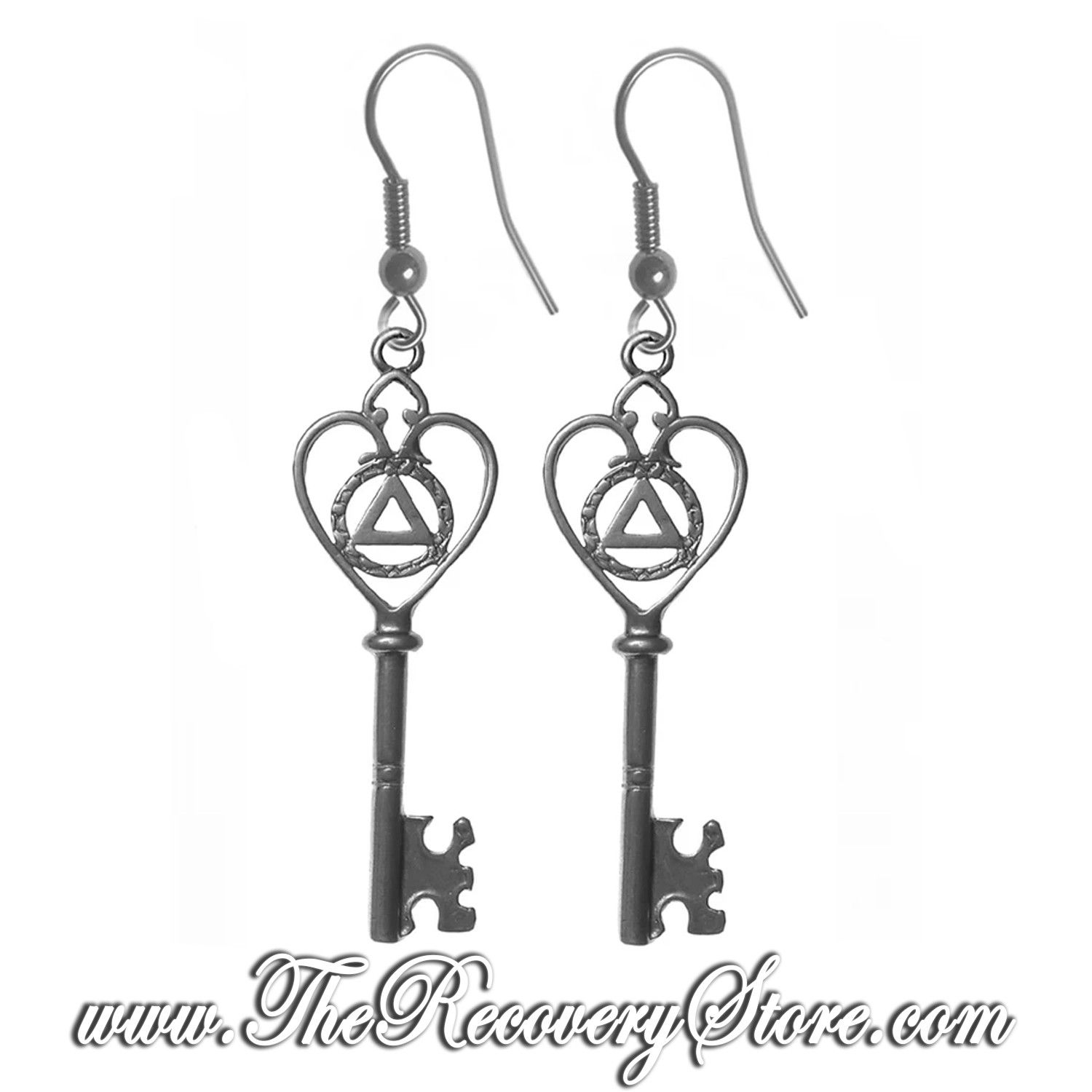 Sterling Silver AA Old Style Heart Key Earrings