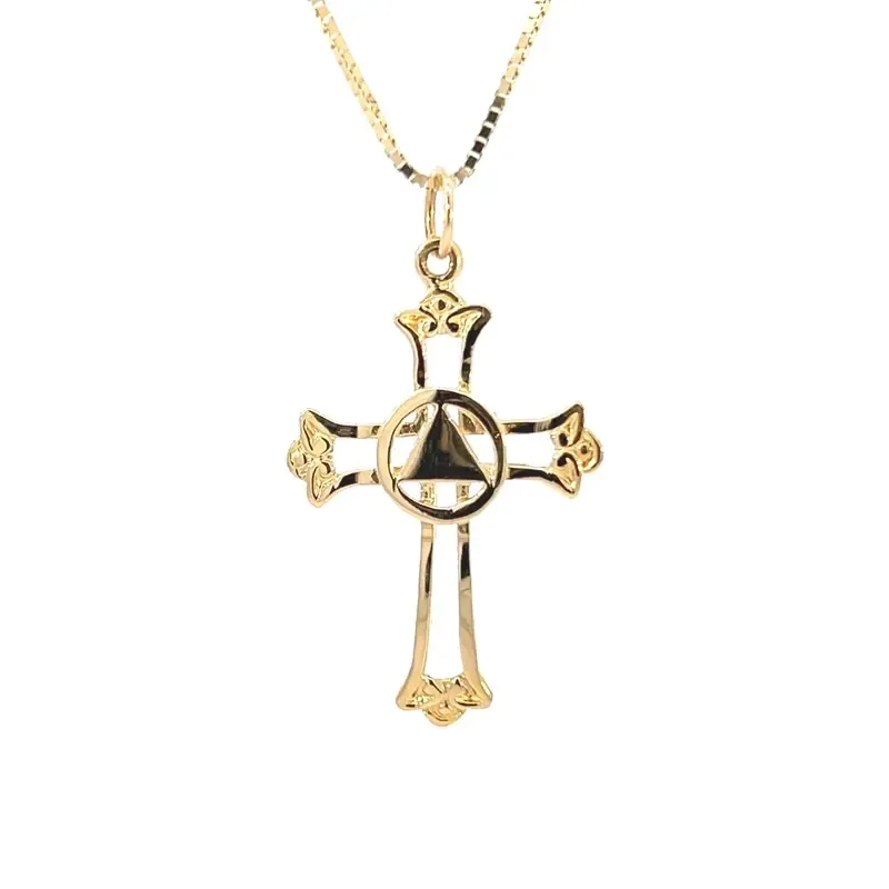 *14k Gold with Solid Triangle Set in a Open Cross Pendant