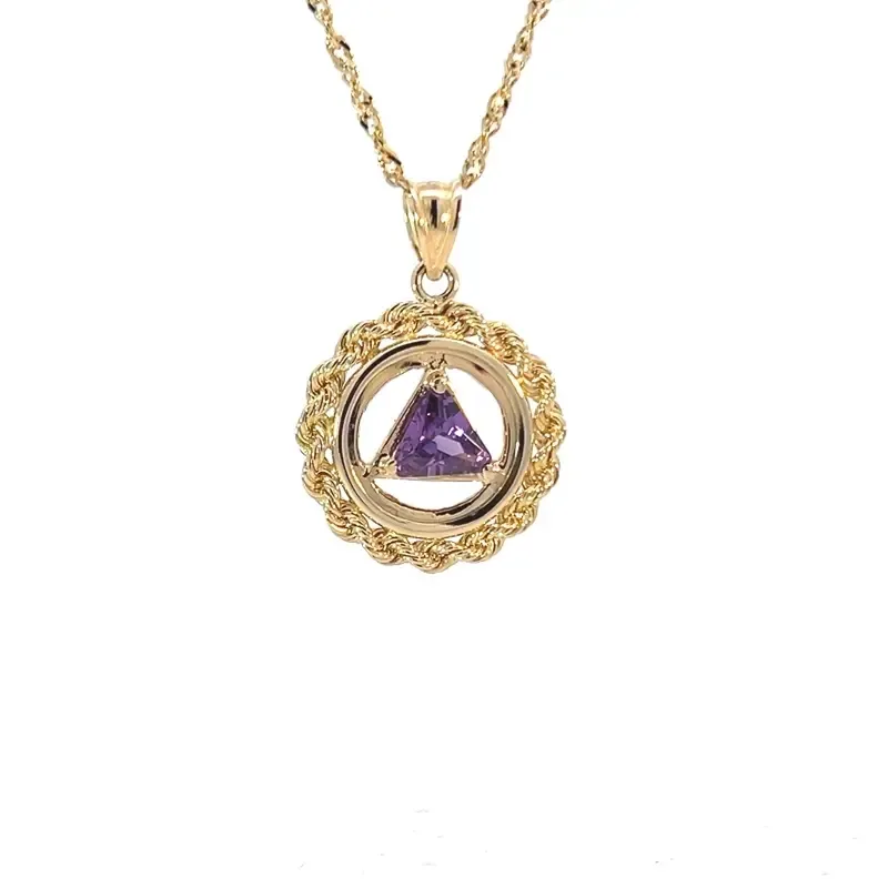 14k Gold AA Medium Size Rope &amp; Amethyst CZ Pendant